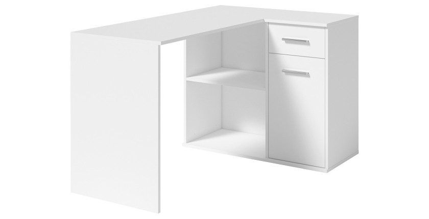 Bureau d’angle LYMA blanc – 1 tiroir, 1 porte et 2 niches – Compact, pratique et moderne