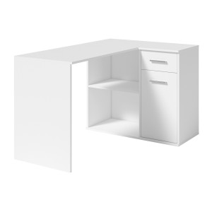 Bureau d’angle LYMA blanc – 1 tiroir, 1 porte et 2 niches – Compact, pratique et moderne