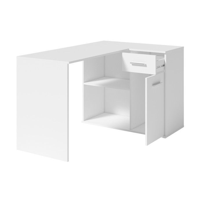 Bureau d’angle LYMA blanc – 1 tiroir, 1 porte et 2 niches – Compact, pratique et moderne