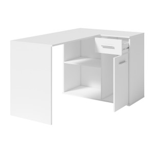 Bureau d’angle LYMA blanc – 1 tiroir, 1 porte et 2 niches – Compact, pratique et moderne