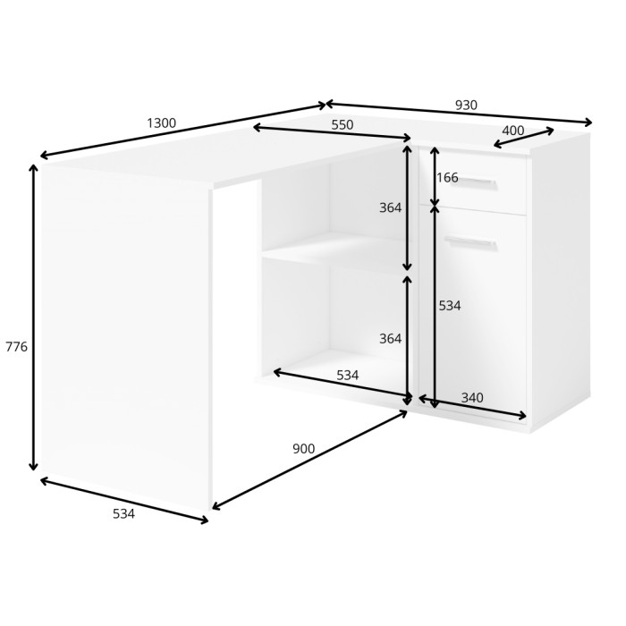 Bureau d’angle LYMA blanc – 1 tiroir, 1 porte et 2 niches – Compact, pratique et moderne