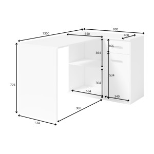 Bureau d’angle LYMA blanc – 1 tiroir, 1 porte et 2 niches – Compact, pratique et moderne