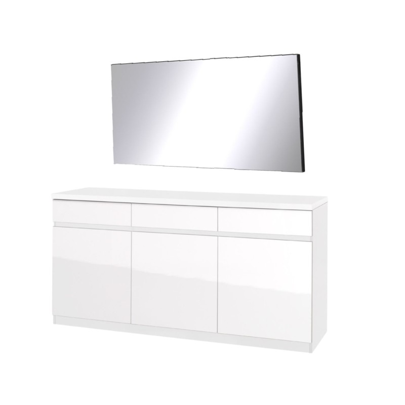 Ensemble buffet 3 portes 3 tiroirs FABIO + miroir – Blanc brillant – Design contemporain