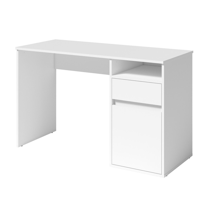 Bureau BILOU blanc – 1 tiroir, 1 porte et 2 niches – Look épuré et lumineux pour chambre enfant