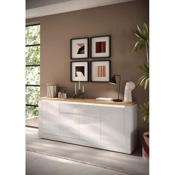 Buffet SASHA – 4 portes + 1 tiroir avec LED intégrée – Blanc laqué et Chêne Cadiz