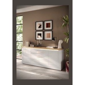 Buffet SASHA – 4 portes + 1 tiroir avec LED intégrée – Blanc laqué et Chêne Cadiz