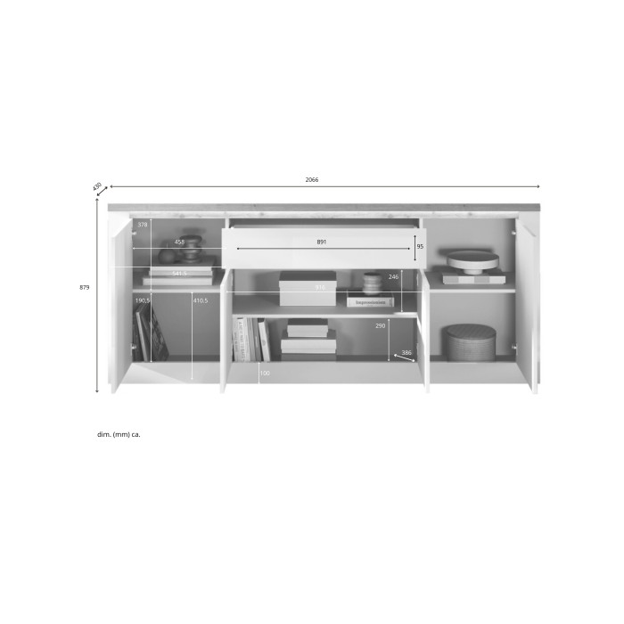 Buffet SASHA – 4 portes + 1 tiroir avec LED intégrée – Blanc laqué et Chêne Cadiz
