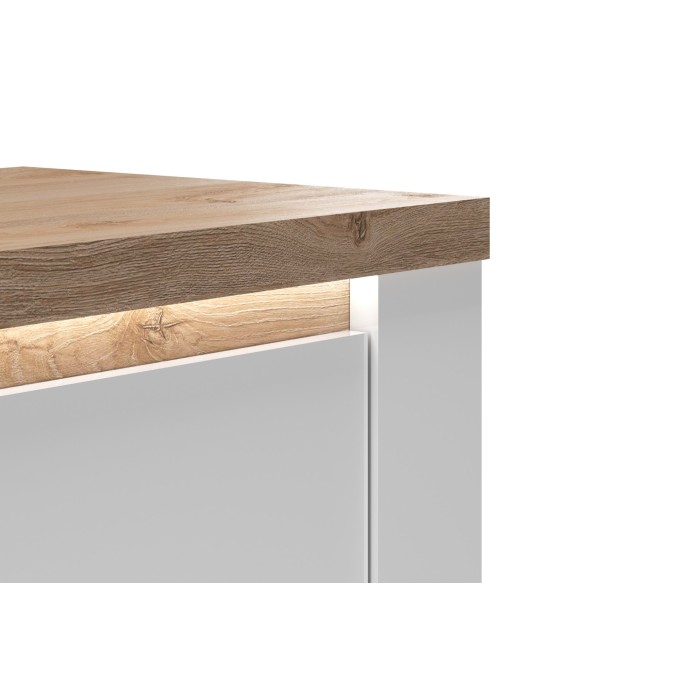 Buffet SASHA – 4 portes + 1 tiroir avec LED intégrée – Blanc laqué et Chêne Cadiz
