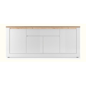 Buffet SASHA – 4 portes + 1 tiroir avec LED intégrée – Blanc laqué et Chêne Cadiz