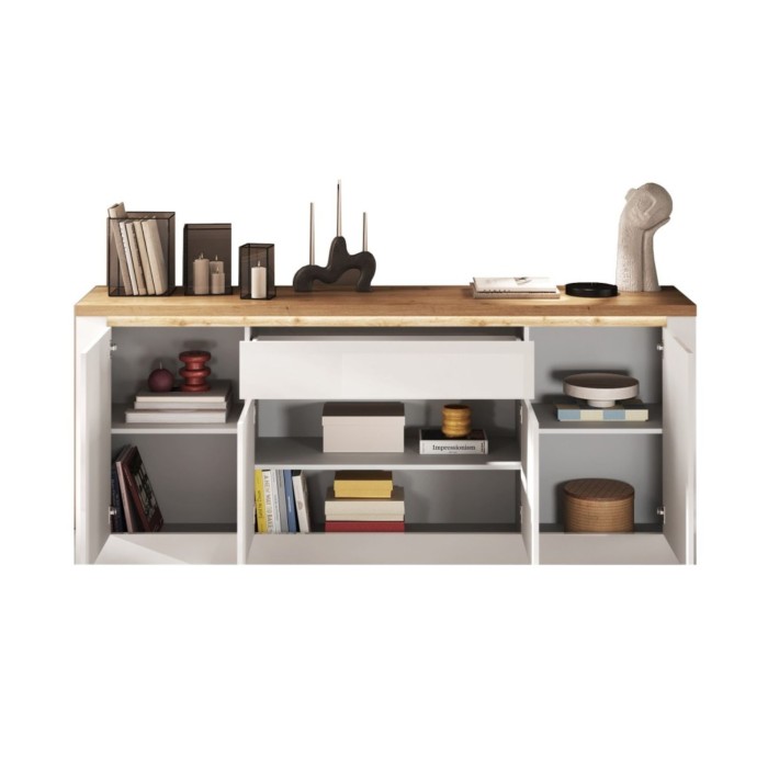 Buffet SASHA – 4 portes + 1 tiroir avec LED intégrée – Blanc laqué et Chêne Cadiz