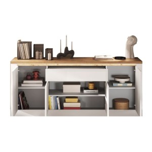 Buffet SASHA – 4 portes + 1 tiroir avec LED intégrée – Blanc laqué et Chêne Cadiz