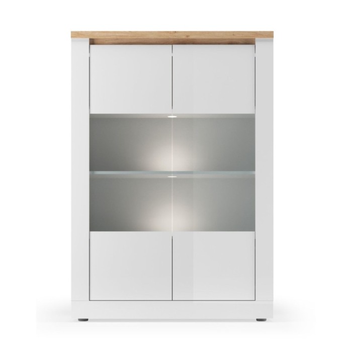 Vitrine SASHA blanc laqué, transparente et bois