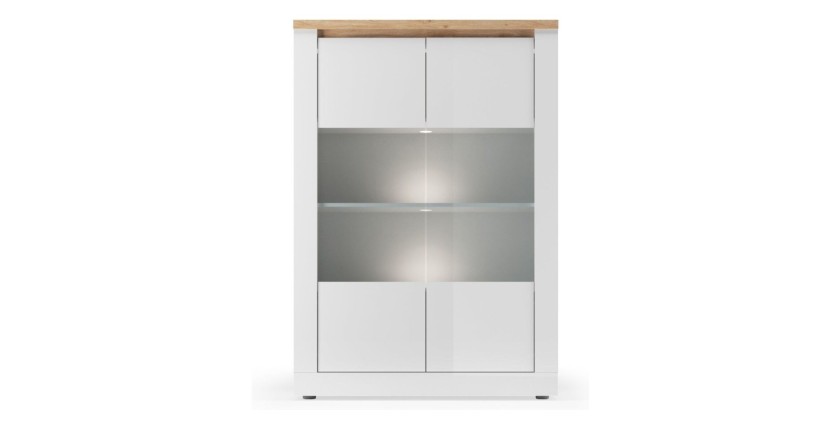Vitrine SASHA blanc laqué, transparente et bois
