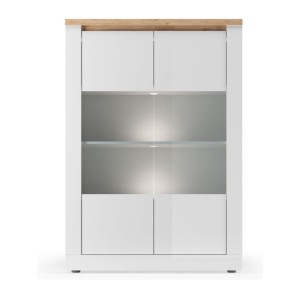 Vitrine SASHA blanc laqué, transparente et bois