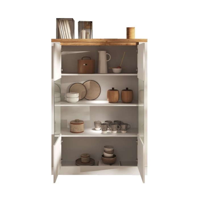 Ouverture des placards de la vitrine SASHA blanc laqué, transparente et bois