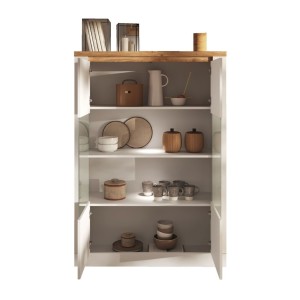 Ouverture des placards de la vitrine SASHA blanc laqué, transparente et bois