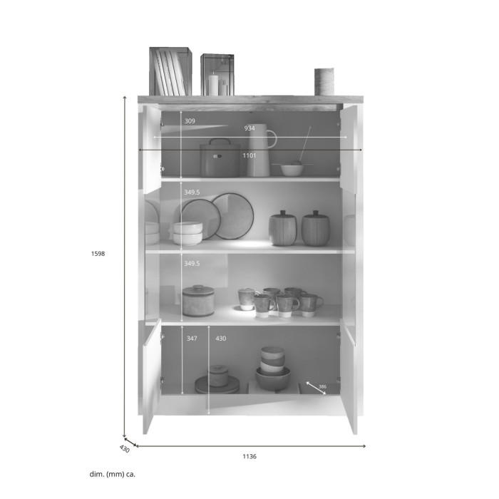 Dimensions de la vitrine SASHA blanc laqué, transparente et bois