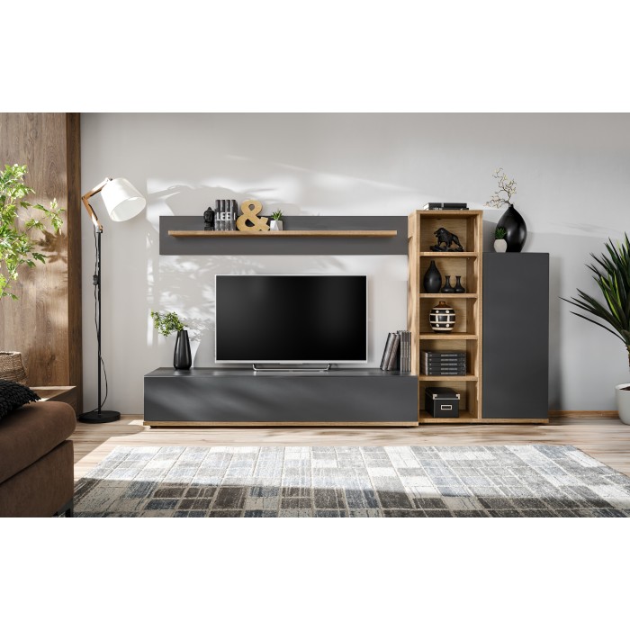 Mise en situation de l'ensemble de meubles de salon RHYS dans un décor 3D