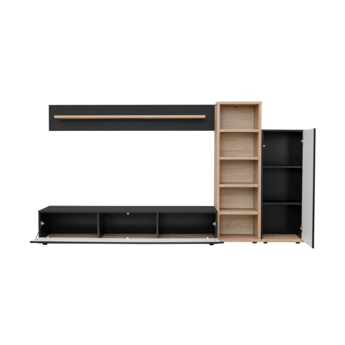 Ouverture des différents éléments de l'ensemble de meubles de salon noir RHYS