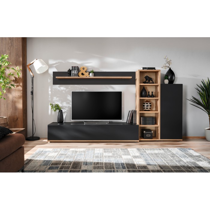 Mise en situation dans un décor 3D de l'ensemble de meubles de salon noir RHYS