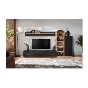 Mise en situation dans un décor 3D de l'ensemble de meubles de salon noir RHYS