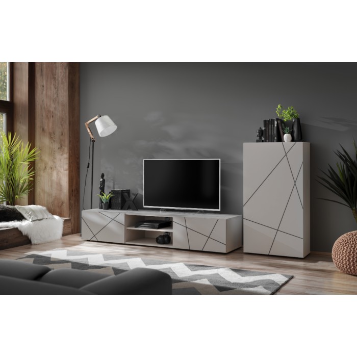 Mise en situation de la composition de meubles de salon DASH dans un décor 3D avec armoire posée au sol