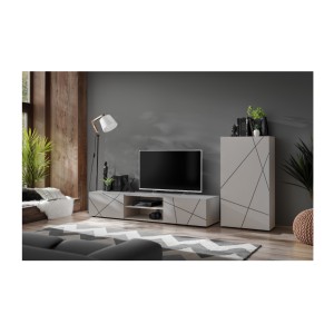 Mise en situation de la composition de meubles de salon DASH dans un décor 3D avec armoire posée au sol