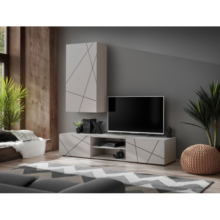 Mise en situation de la composition de meubles de salon DASH dans un décor 3D avec armoire suspendue