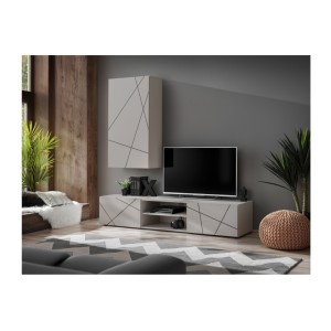 Mise en situation de la composition de meubles de salon DASH dans un décor 3D avec armoire suspendue