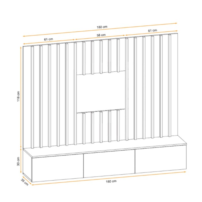 Dimensions globales des éléments de la composition murale TASHYA : meuble TV et panneaux muraux décoratifs