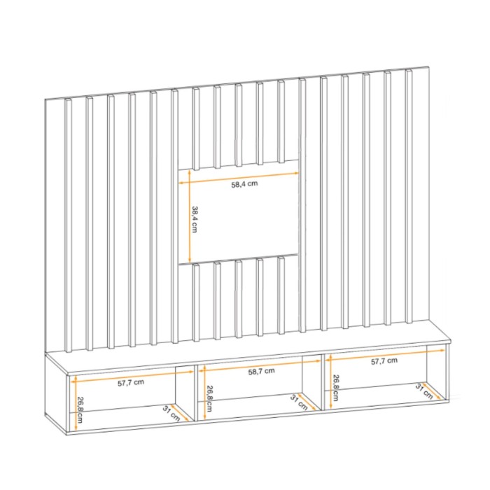 Dimensions détaillées des éléments de la composition murale TASHYA : meuble TV et panneaux muraux décoratifs
