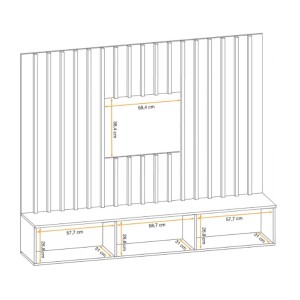 Dimensions détaillées des éléments de la composition murale TASHYA : meuble TV et panneaux muraux décoratifs