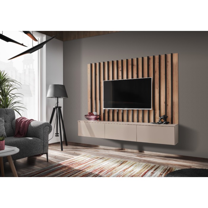 Mise en situation 3D de la composition murale TASHYA : meuble TV et panneaux muraux décoratifs