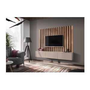 Mise en situation 3D de la composition murale TASHYA : meuble TV et panneaux muraux décoratifs