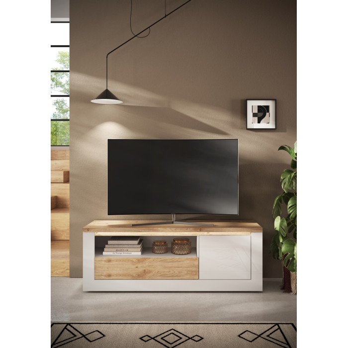 Mise en situation dans un décor 3D du meuble TV 1 porte 1 tiroir SASHA