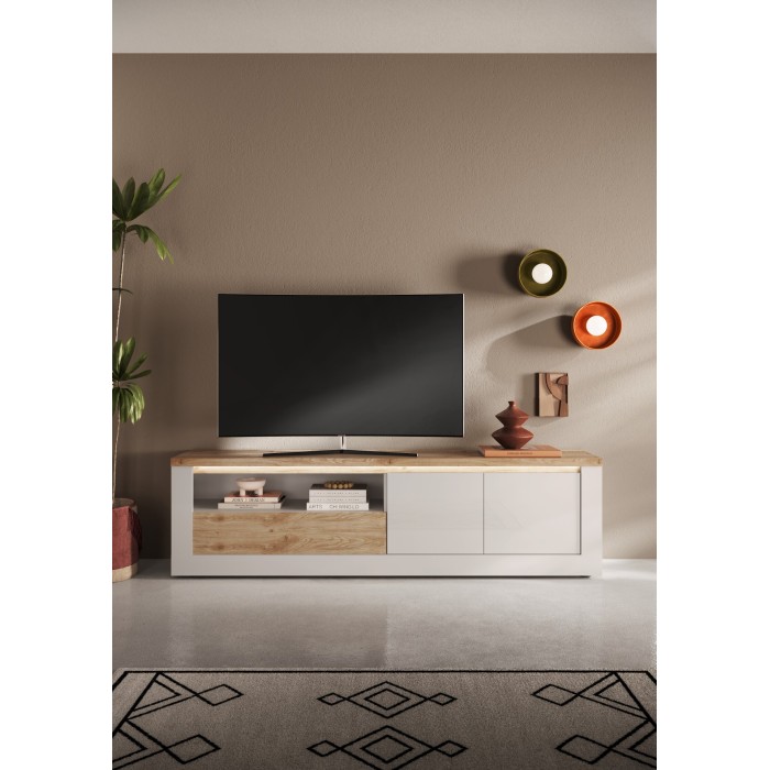 Mise en situation dans un décor 3D du meuble TV SASHA 2 portes et 1 tiroir