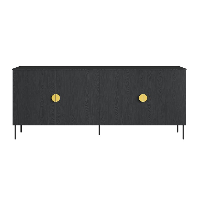 Buffet 4 portes MONDO – Noir mat, pieds métal et poignées dorées – Design moderne