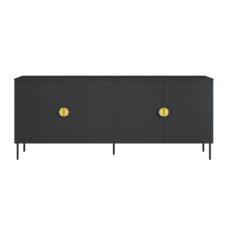 Buffet 4 portes MONDO – Noir mat, pieds métal et poignées dorées – Design moderne