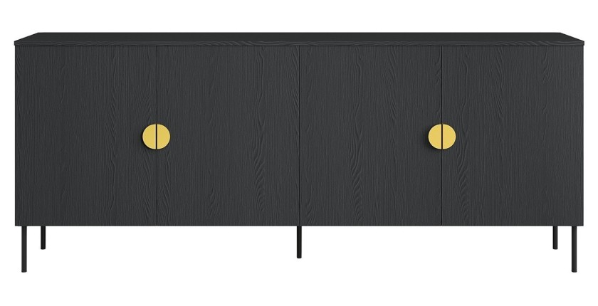Buffet 4 portes MONDO – Noir mat, pieds métal et poignées dorées – Design moderne