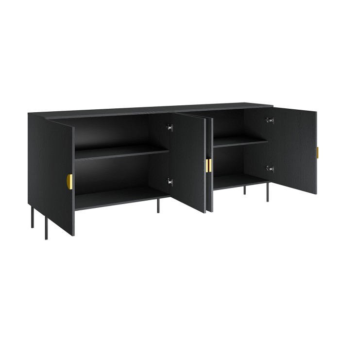 Buffet 4 portes MONDO – Noir mat, pieds métal et poignées dorées – Design moderne