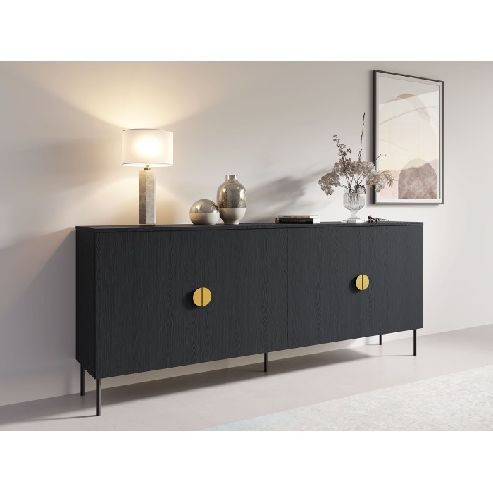 Buffet 4 portes MONDO – Noir mat, pieds métal et poignées dorées – Design moderne