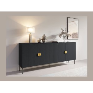 Buffet 4 portes MONDO – Noir mat, pieds métal et poignées dorées – Design moderne