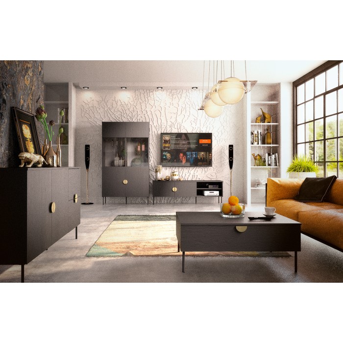 Buffet 4 portes MONDO – Noir mat, pieds métal et poignées dorées – Design moderne