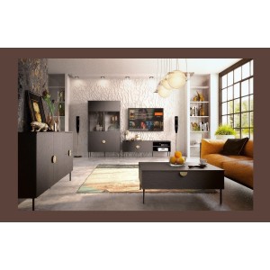 Buffet 4 portes MONDO – Noir mat, pieds métal et poignées dorées – Design moderne