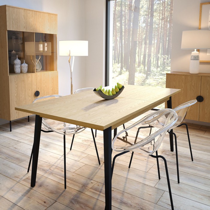 Table extensible MONDO – Plateau chêne et pieds noirs – 160 à 200 cm – Pieds inclinés en métal