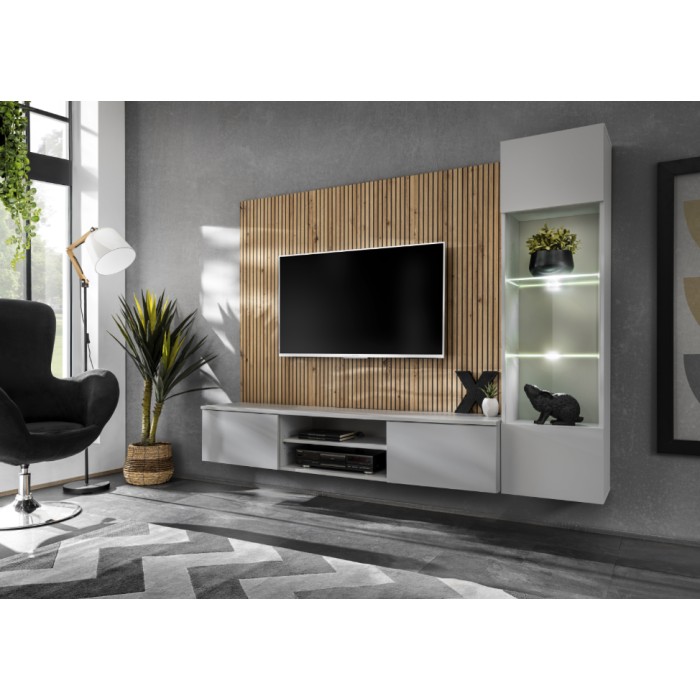 Ensemble IXAR meuble TV et vitrine mis en situation dans un décor 3D