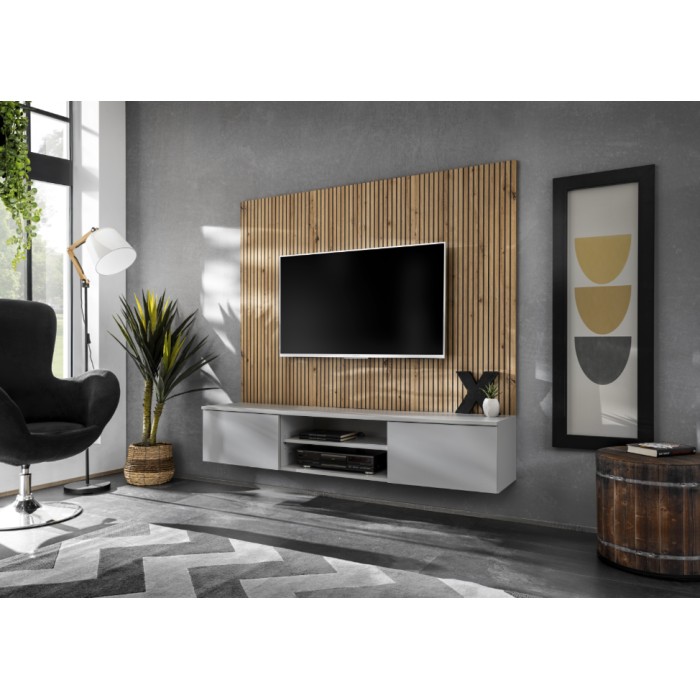 Ensemble de salon IXAR meuble TV et panneaux muraux mis en situation dans un décor 3D