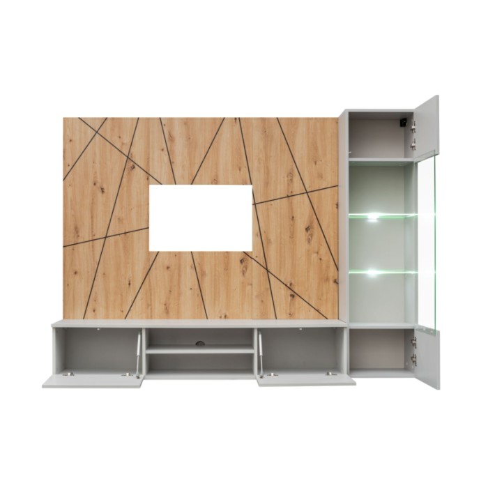 Ensemble IXAR géométrique avec meuble TV vitrine et panneaux muraux ouvert