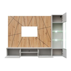 Ensemble IXAR géométrique avec meuble TV vitrine et panneaux muraux ouvert