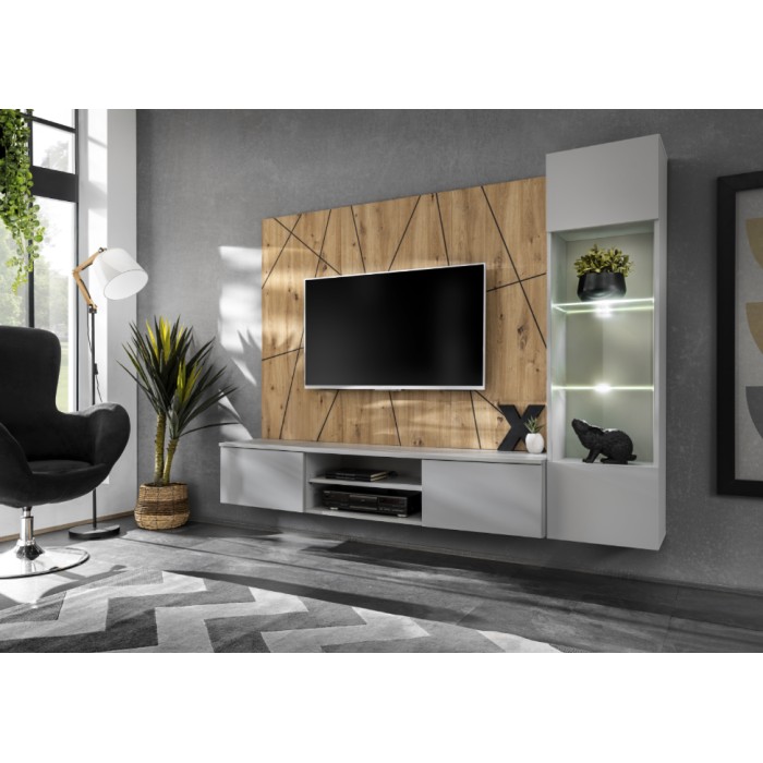 Ensemble IXAR géométrique avec meuble TV vitrine et panneaux muraux mis en situation dans un décor 3D